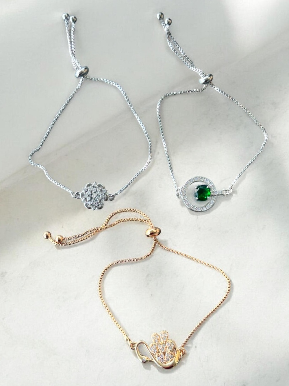 Adjustable Lot Bracelets/Swan, Green Crystal, and Clear Stones
